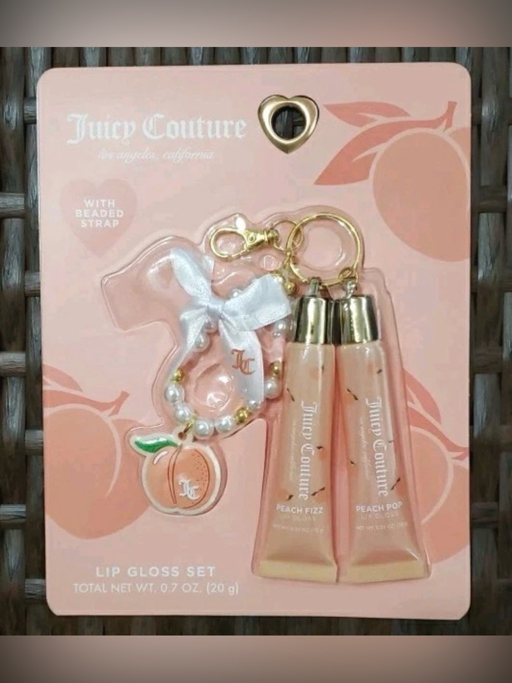 NWT Juicy Couture Peach Lip Gloss & Peach Charm Keychain Set